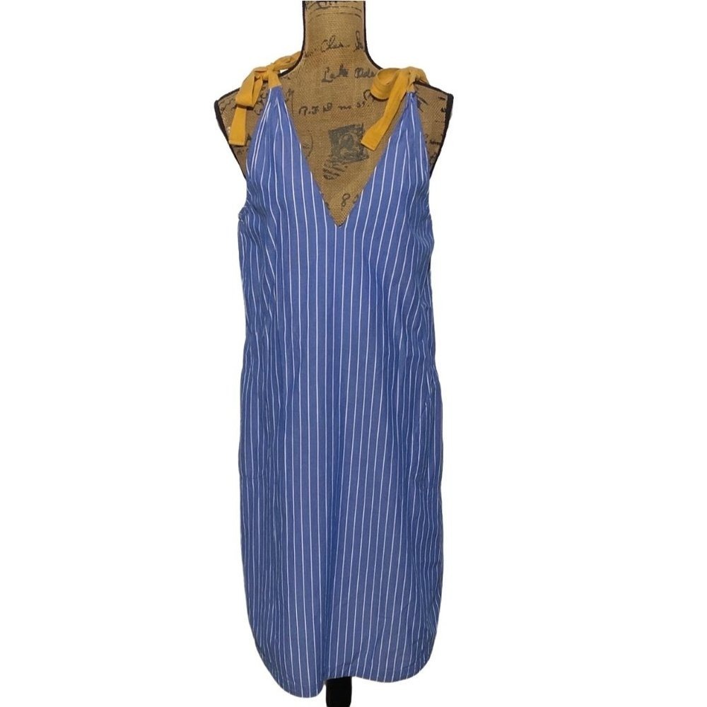 Matilda Jane Dress SMALL Blue White Stripe Cover Up Chambray Beach String Tie